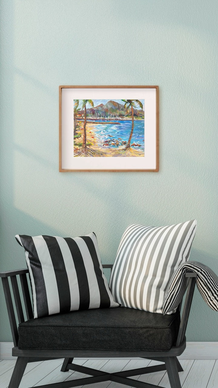 Hawaiian Poster - Haleiwa Beach Park view on Harbor & Alii Beach - Print 11” x 14” - North Shore - Oahu - Hawaii