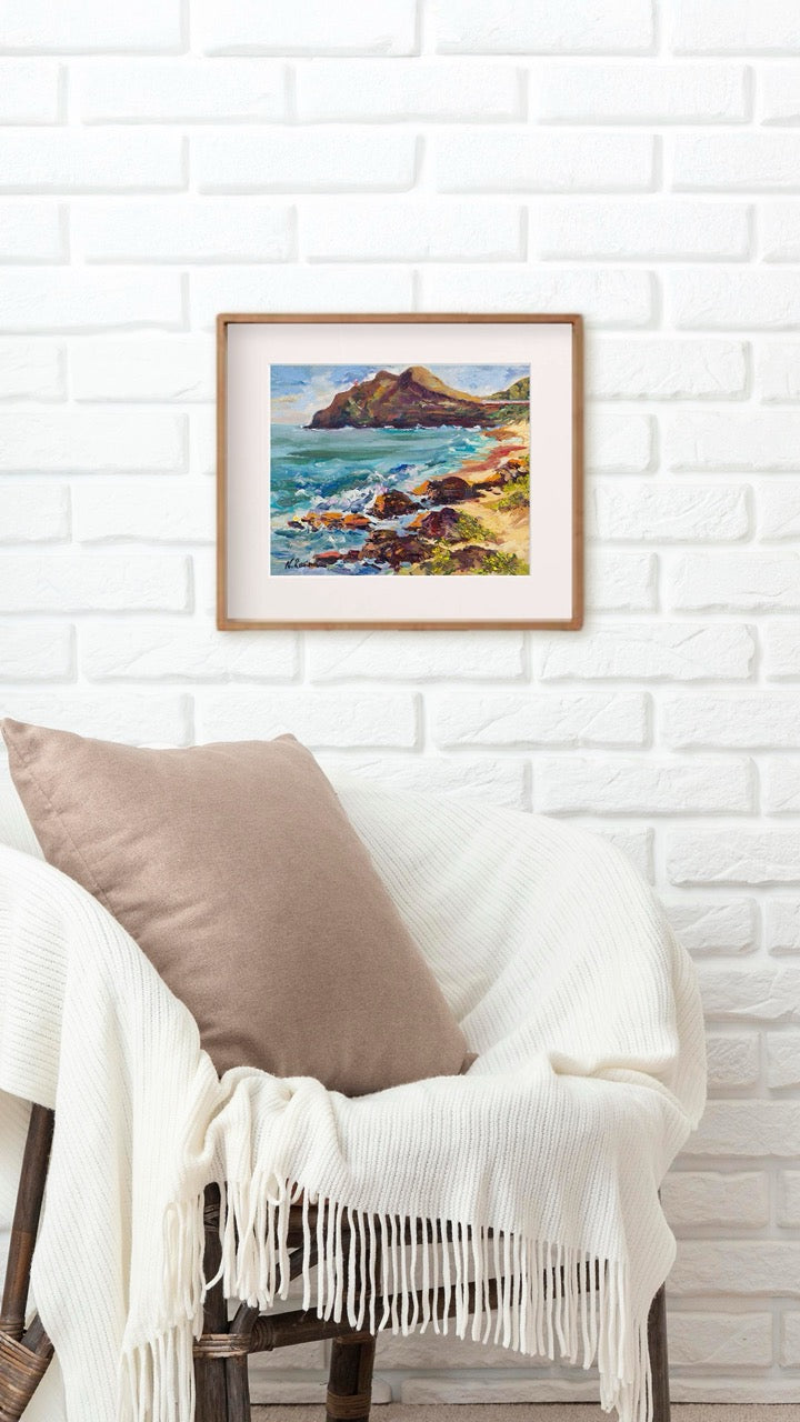 Hawaiian Poster - Makapuu Lighthouse & Cliff from the Beach Park - Print 11” x 14” - Honolulu Windward - Oahu - Hawaii