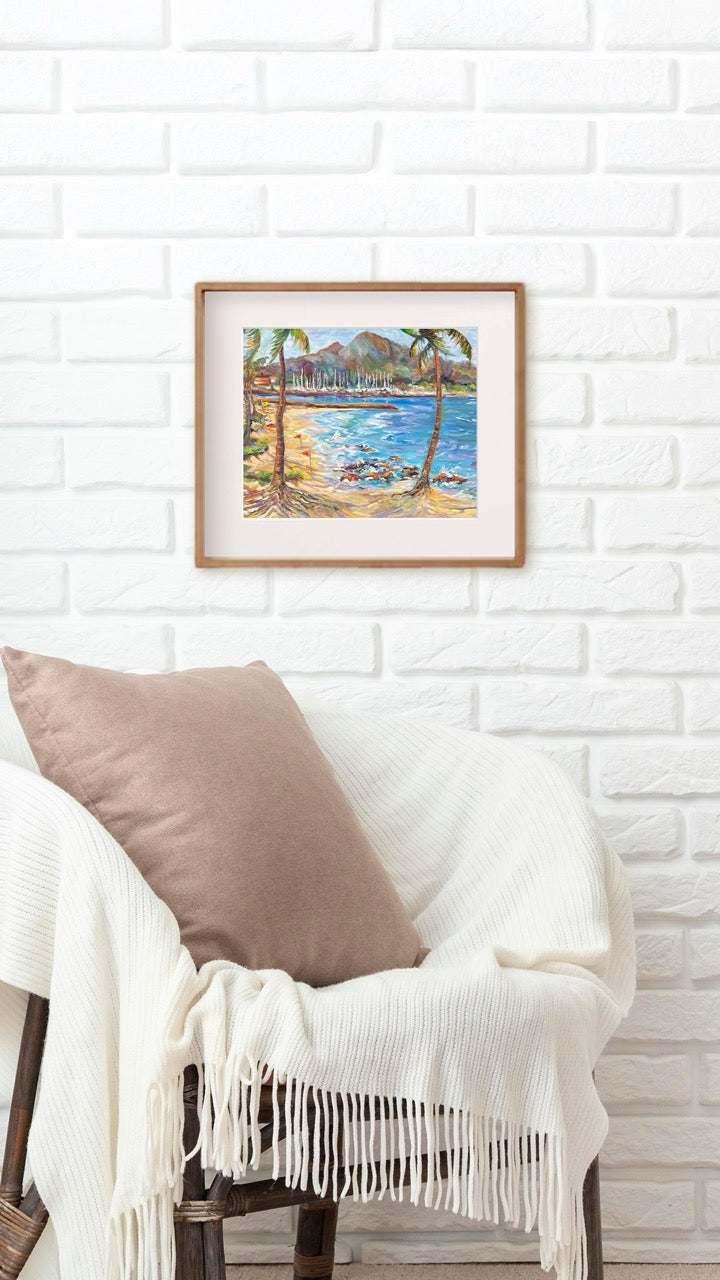 Hawaiian Poster - Haleiwa Beach Park view on Harbor & Alii Beach - Print 11” x 14” - North Shore - Oahu - Hawaii