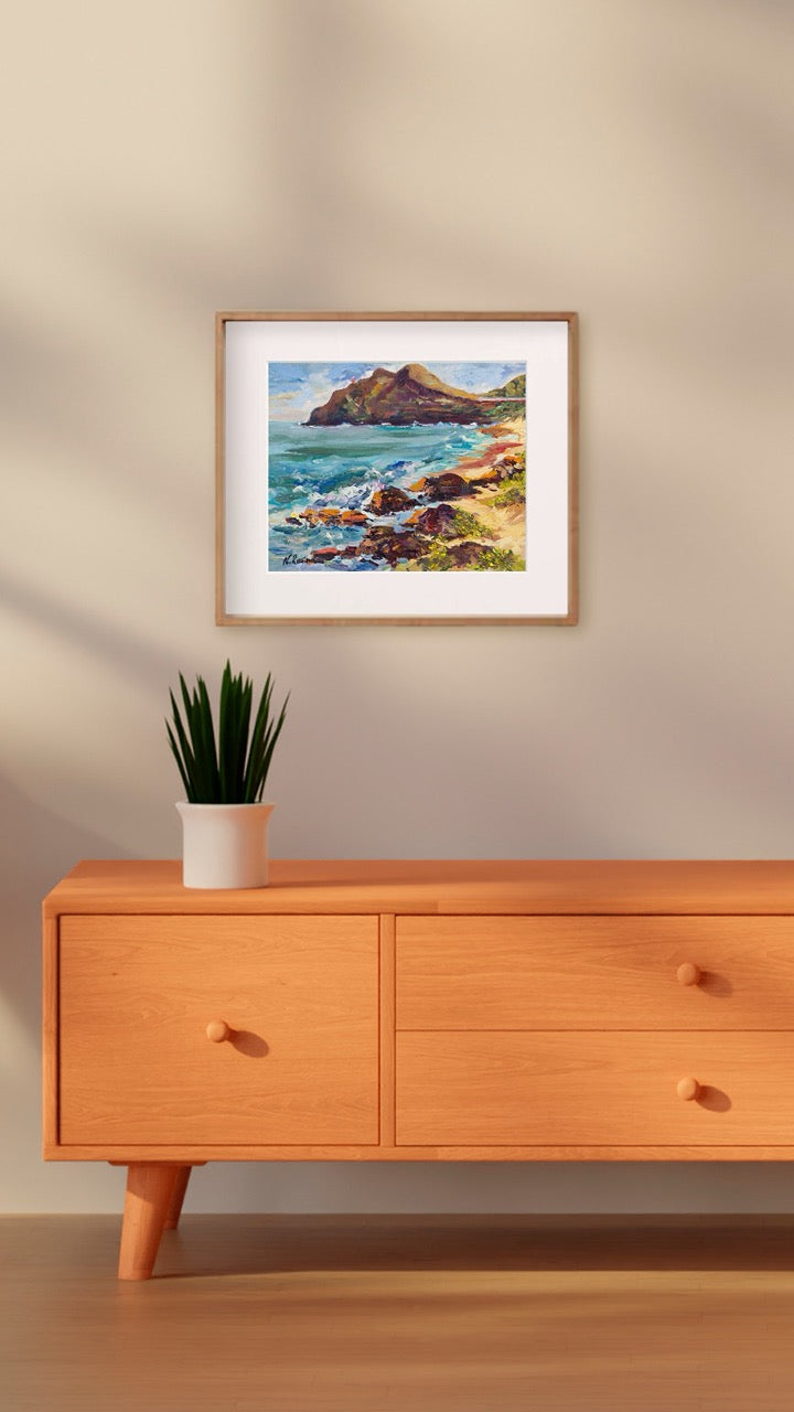 Hawaiian Poster - Makapuu Lighthouse & Cliff from the Beach Park - Print 11” x 14” - Honolulu Windward - Oahu - Hawaii