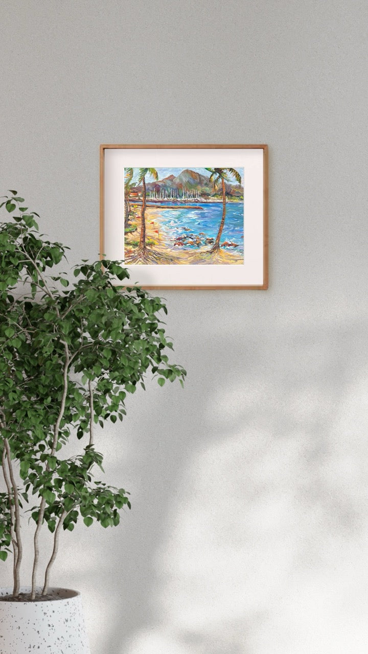 Hawaiian Poster - Haleiwa Beach Park view on Harbor & Alii Beach - Print 11” x 14” - North Shore - Oahu - Hawaii