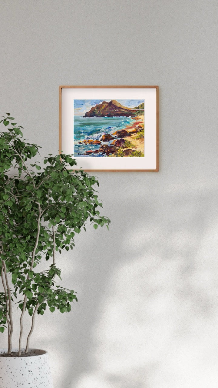 Hawaiian Poster - Makapuu Lighthouse & Cliff from the Beach Park - Print 11” x 14” - Honolulu Windward - Oahu - Hawaii