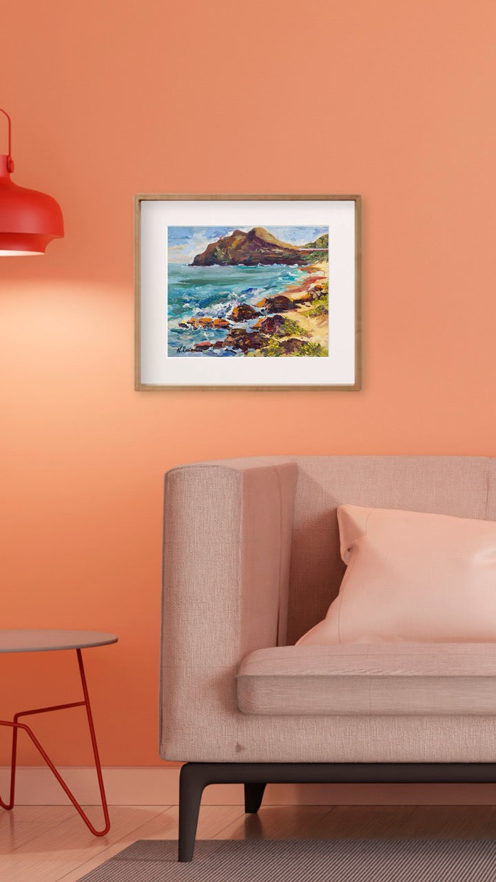 Hawaiian Poster - Makapuu Lighthouse & Cliff from the Beach Park - Print 11” x 14” - Honolulu Windward - Oahu - Hawaii
