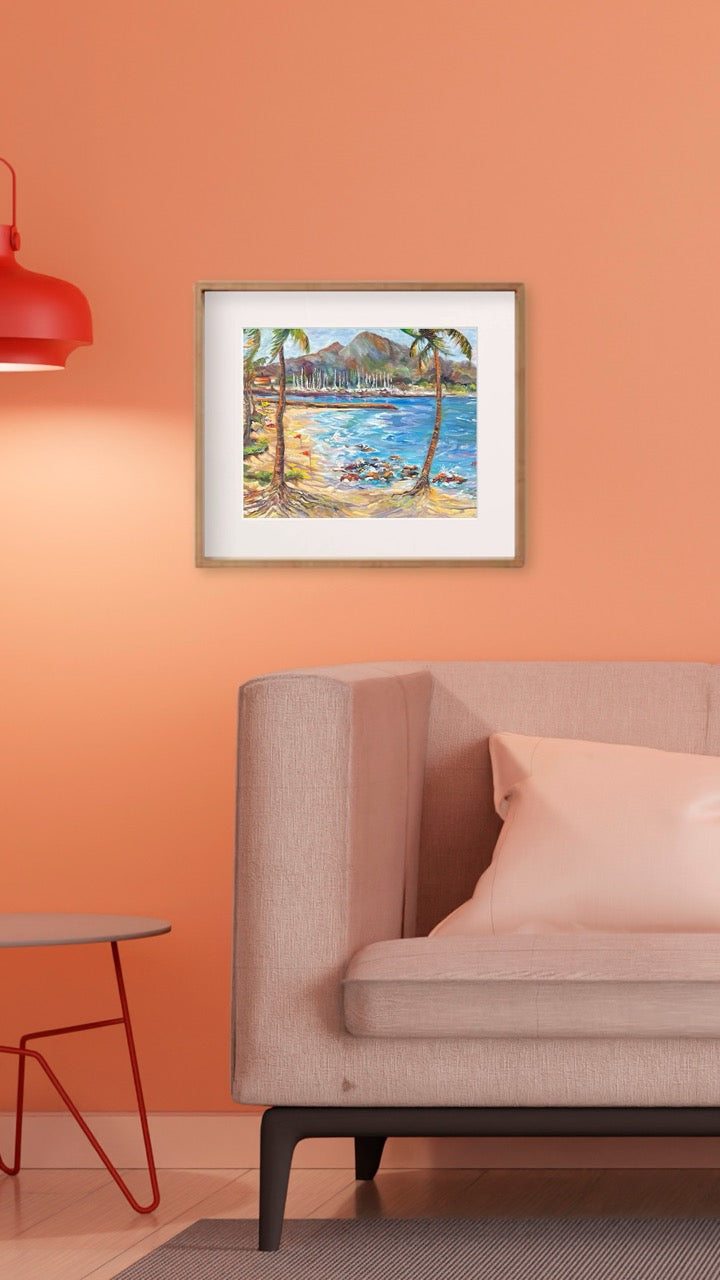 Hawaiian Poster - Haleiwa Beach Park view on Harbor & Alii Beach - Print 11” x 14” - North Shore - Oahu - Hawaii