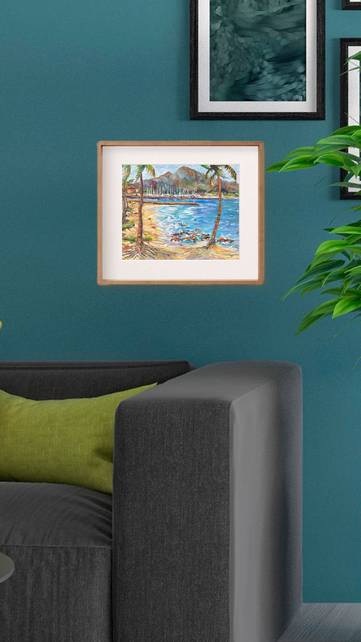 Hawaiian Poster - Haleiwa Beach Park view on Harbor & Alii Beach - Print 11” x 14” - North Shore - Oahu - Hawaii