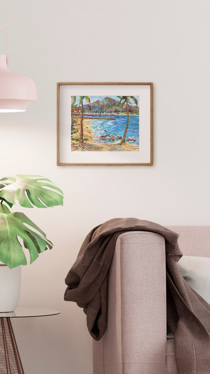 Hawaiian Poster - Haleiwa Beach Park view on Harbor & Alii Beach - Print 11” x 14” - North Shore - Oahu - Hawaii