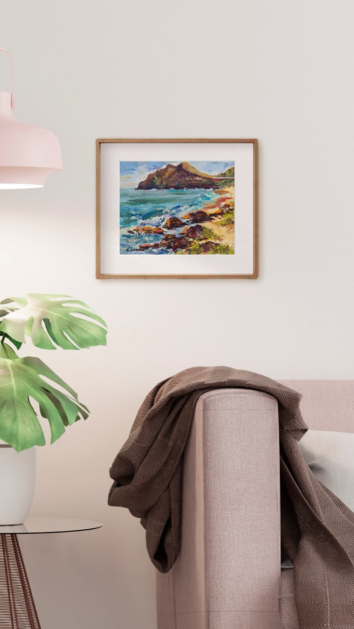 Hawaiian Poster - Makapuu Lighthouse & Cliff from the Beach Park - Print 11” x 14” - Honolulu Windward - Oahu - Hawaii