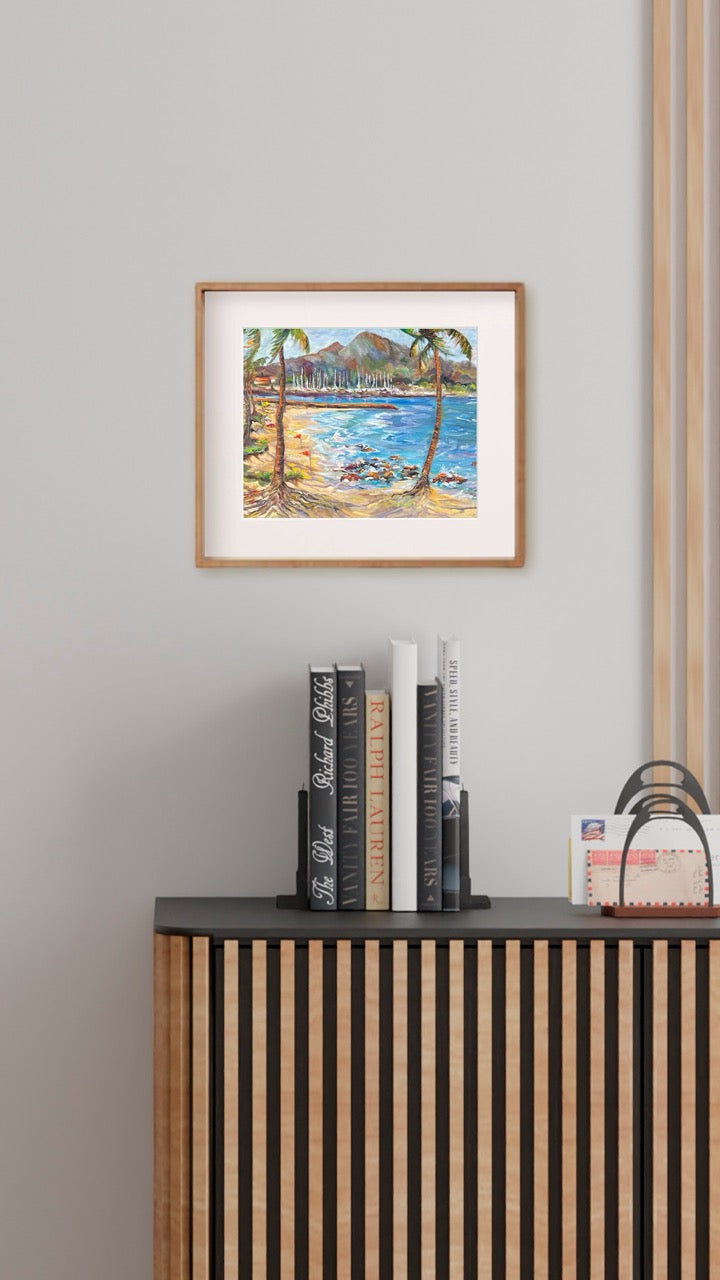 Hawaiian Poster - Haleiwa Beach Park view on Harbor & Alii Beach - Print 11” x 14” - North Shore - Oahu - Hawaii