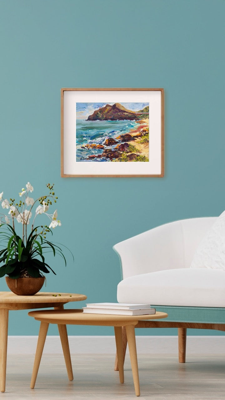 Hawaiian Poster - Makapuu Lighthouse & Cliff from the Beach Park - Print 11” x 14” - Honolulu Windward - Oahu - Hawaii