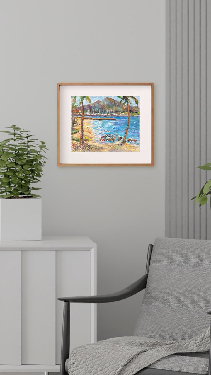Hawaiian Poster - Haleiwa Beach Park view on Harbor & Alii Beach - Print 11” x 14” - North Shore - Oahu - Hawaii