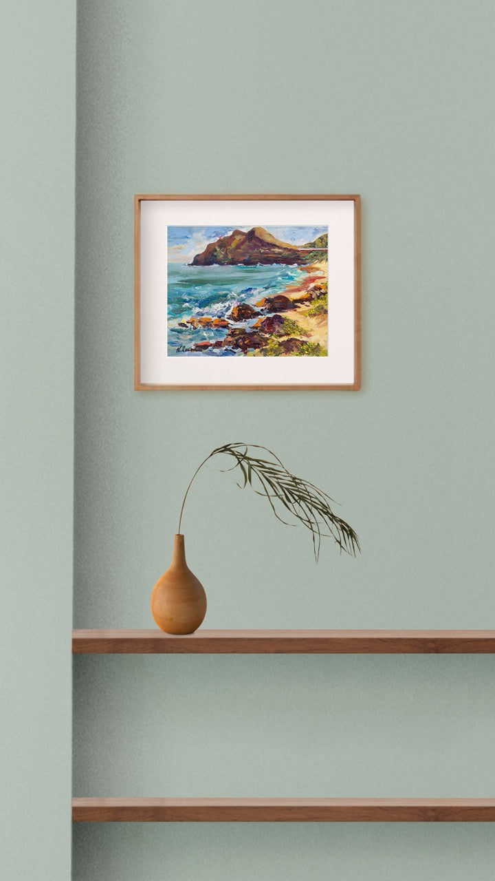 Hawaiian Poster - Makapuu Lighthouse & Cliff from the Beach Park - Print 11” x 14” - Honolulu Windward - Oahu - Hawaii