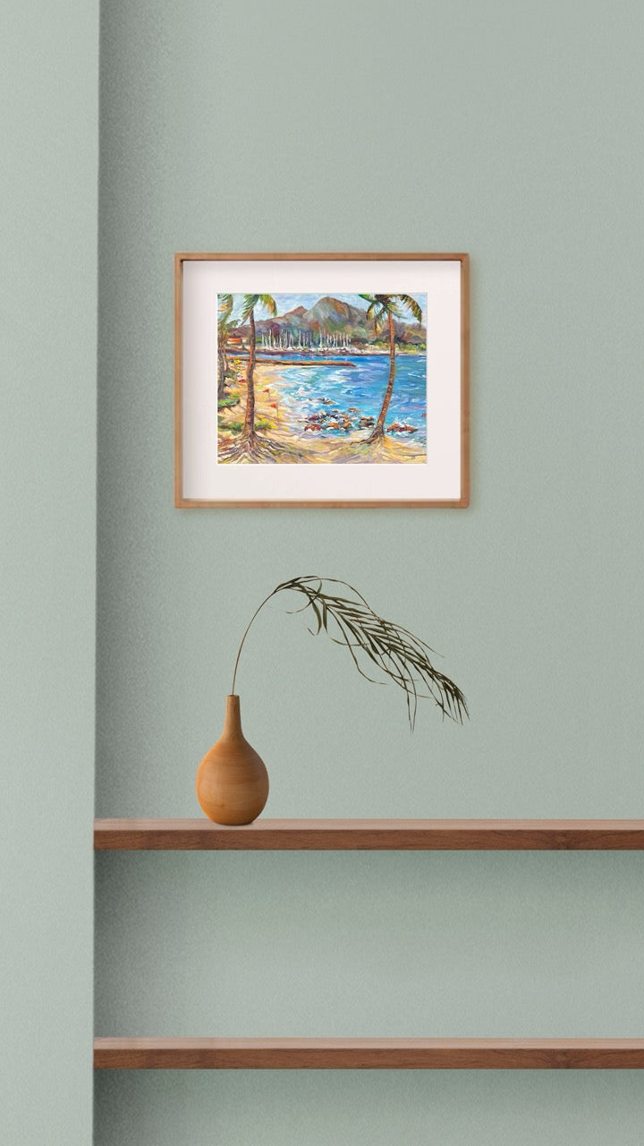 Hawaiian Poster - Haleiwa Beach Park view on Harbor & Alii Beach - Print 11” x 14” - North Shore - Oahu - Hawaii