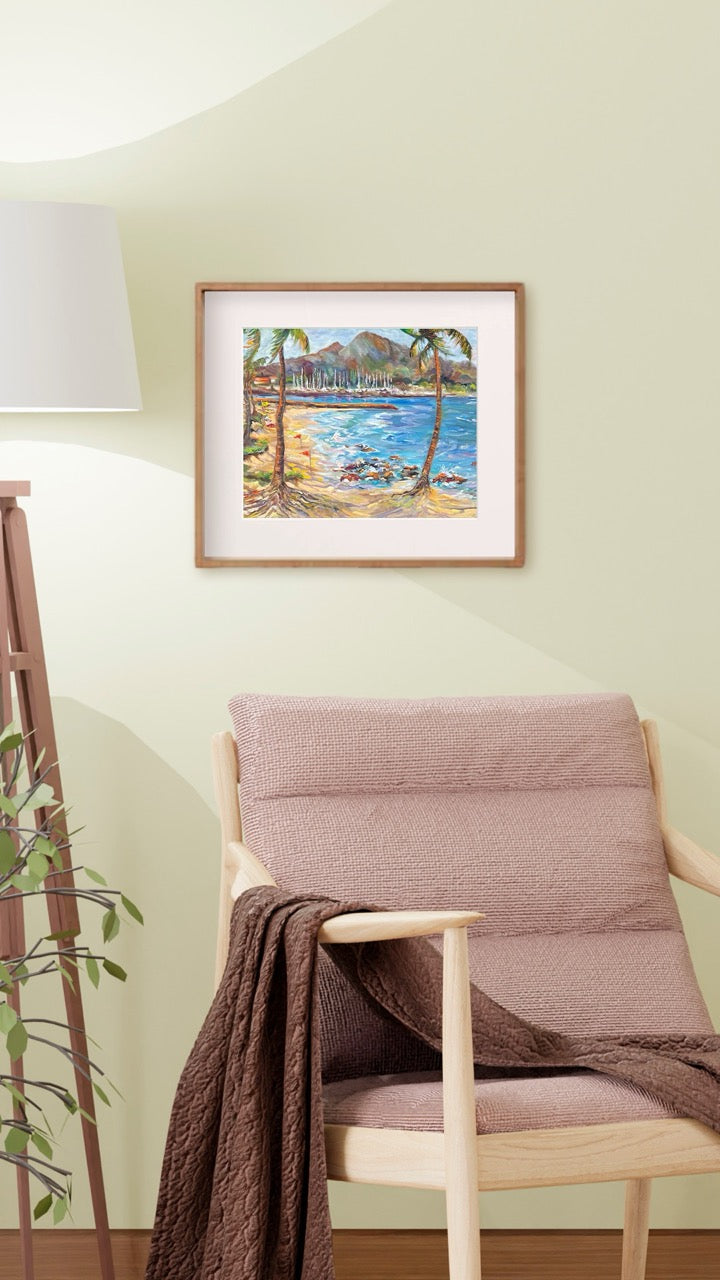 Hawaiian Poster - Haleiwa Beach Park view on Harbor & Alii Beach - Print 11” x 14” - North Shore - Oahu - Hawaii