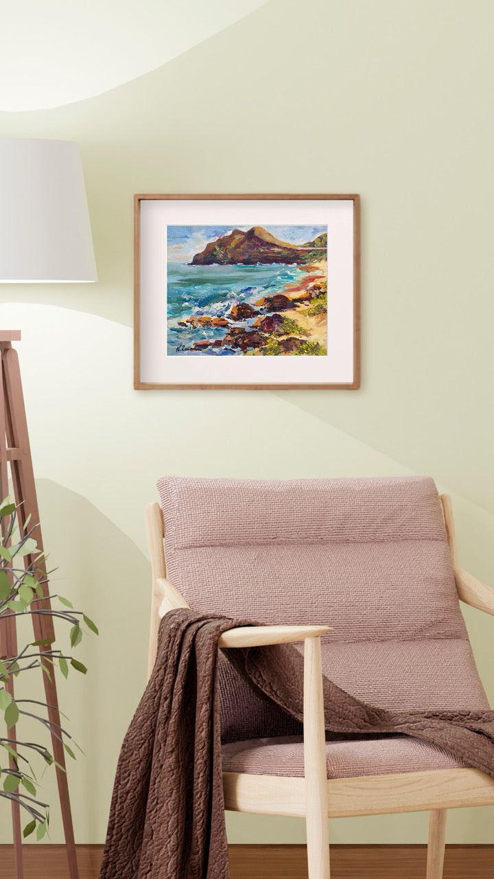 Hawaiian Poster - Makapuu Lighthouse & Cliff from the Beach Park - Print 11” x 14” - Honolulu Windward - Oahu - Hawaii