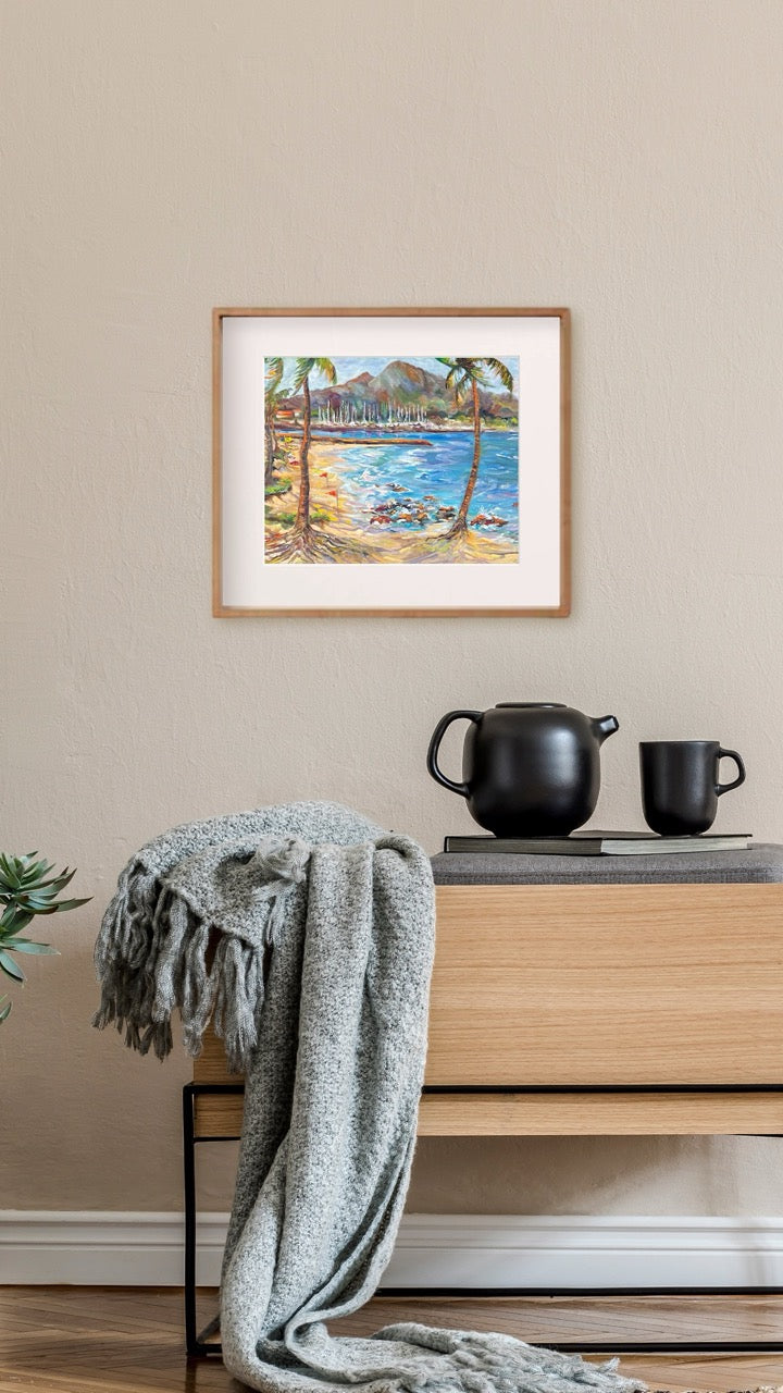 Hawaiian Poster - Haleiwa Beach Park view on Harbor & Alii Beach - Print 11” x 14” - North Shore - Oahu - Hawaii