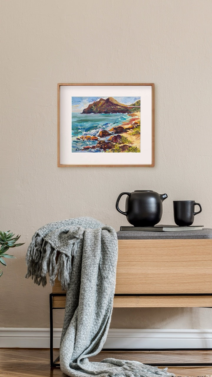 Hawaiian Poster - Makapuu Lighthouse & Cliff from the Beach Park - Print 11” x 14” - Honolulu Windward - Oahu - Hawaii