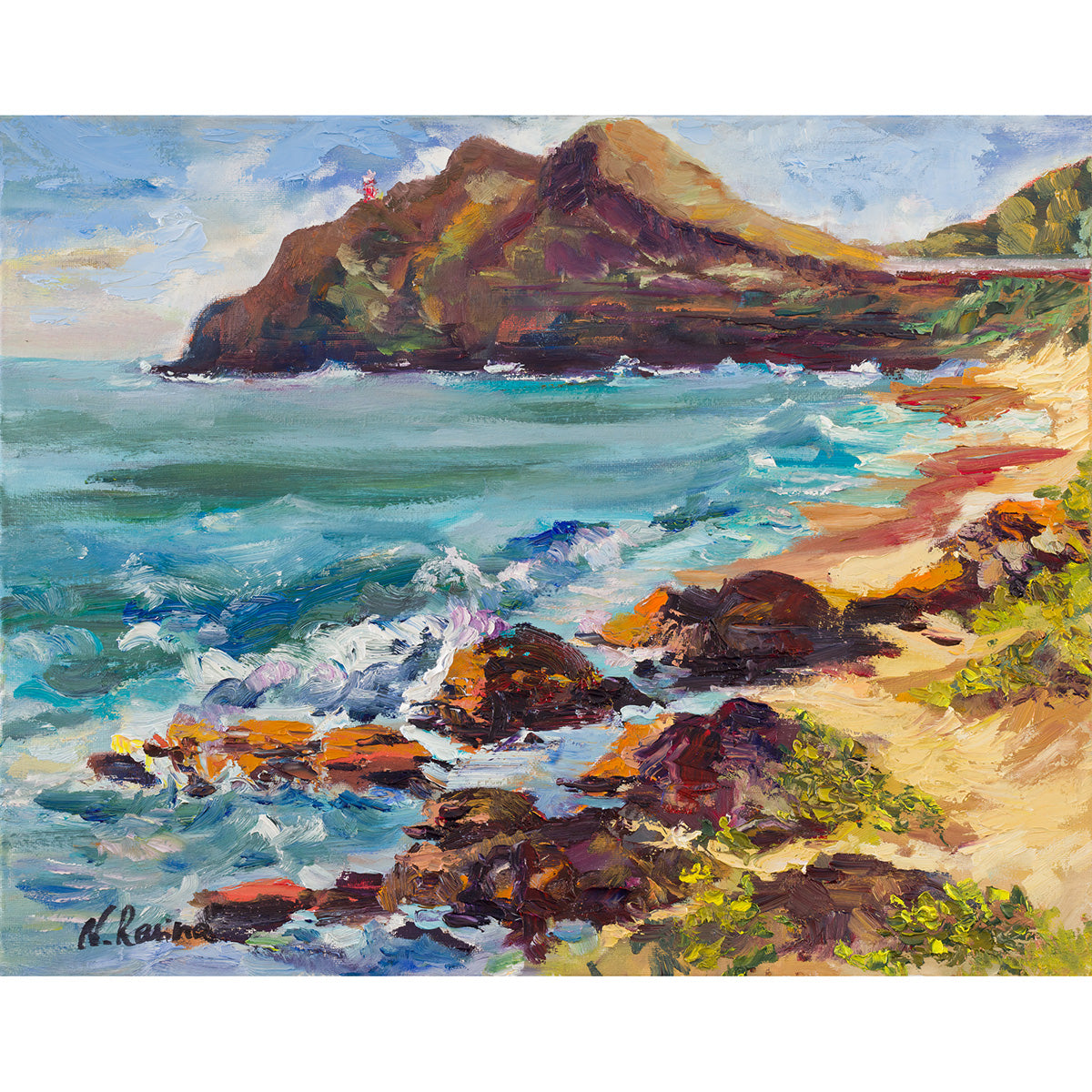 Makapuu Lighthouse & Cliff from the Beach Park - Oil Painting 20" x 16" - Honolulu Windward - Oahu - Hawaii
