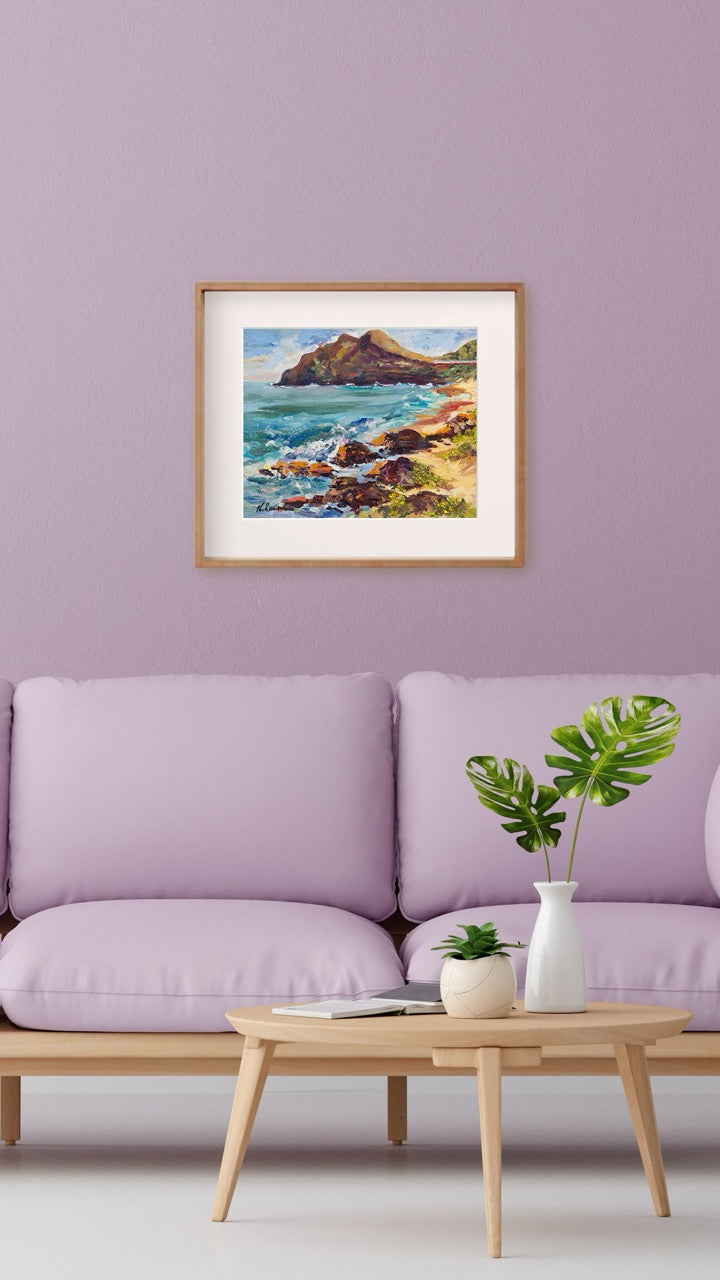 Hawaiian Poster - Makapuu Lighthouse & Cliff from the Beach Park - Print 11” x 14” - Honolulu Windward - Oahu - Hawaii