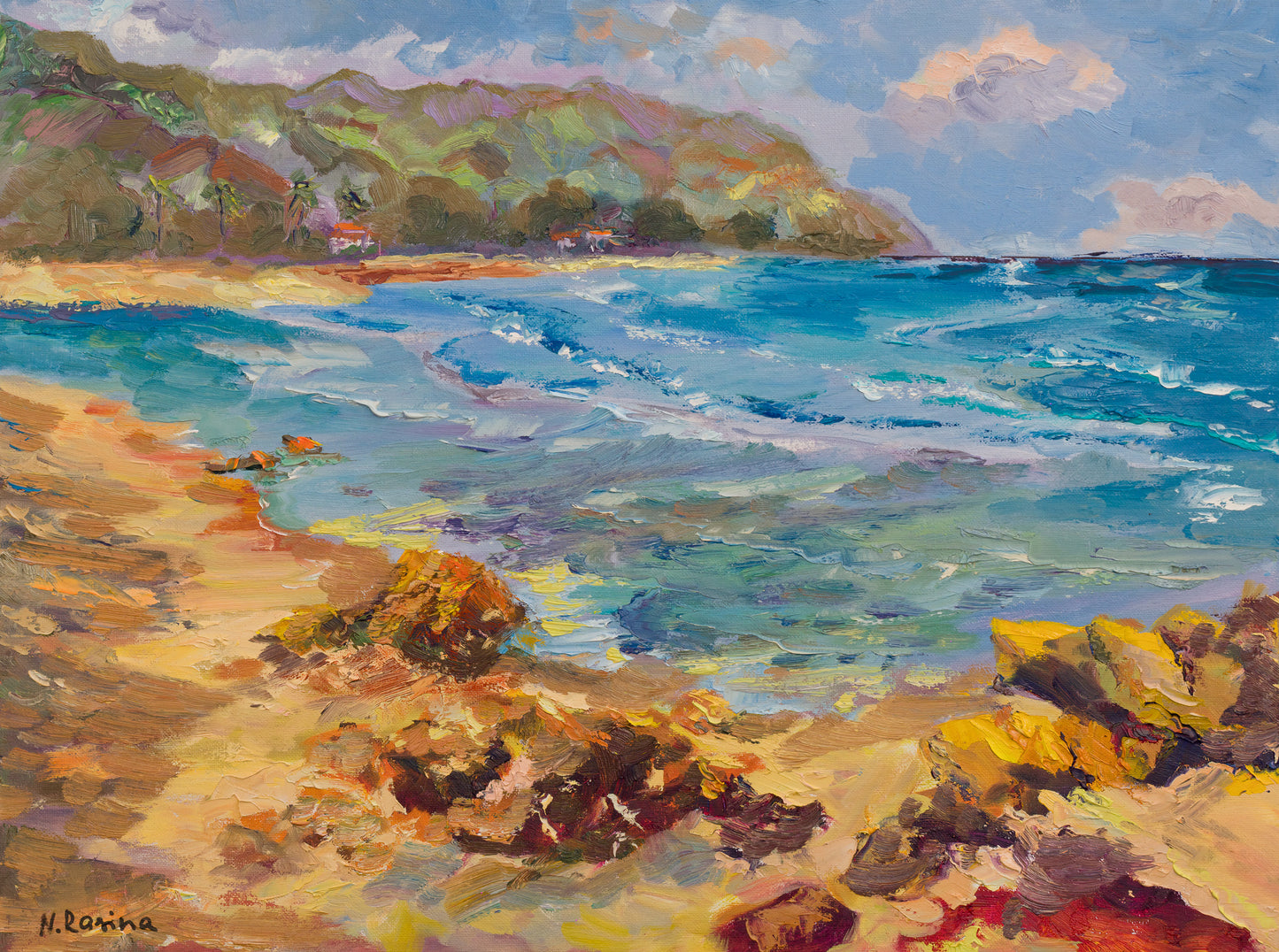 Azure Embrace - Oil Original Painting - Hawaiian Coastal Cliffs - Wall art décor