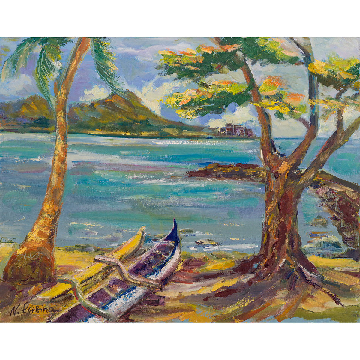 Diamond Head Volcano from Kahanamoku Beach - Oil Painting 20" x 16" - Waikiki Honolulu - Oahu - Hawaii