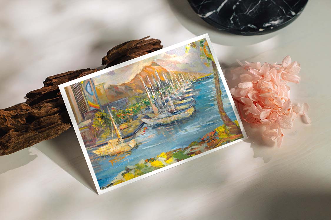 Waikiki & Diamond Head Volcano from Ala Wai Boat Harbor - Postcard 4" x 6" - Honolulu - Oahu - Hawaii