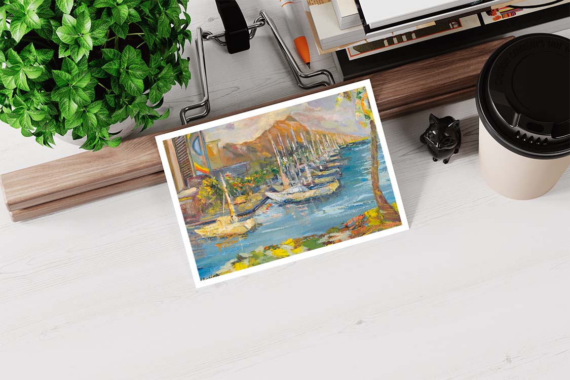 Waikiki & Diamond Head Volcano from Ala Wai Boat Harbor - Postcard 4" x 6" - Honolulu - Oahu - Hawaii