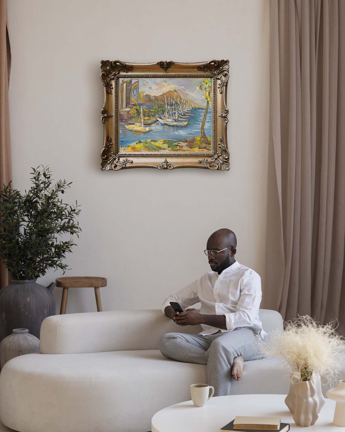 Waikiki & Diamond Head Volcano from Ala Wai Boat Harbor - Oil Painting 20" x 16" - Honolulu - Oahu - Hawaii