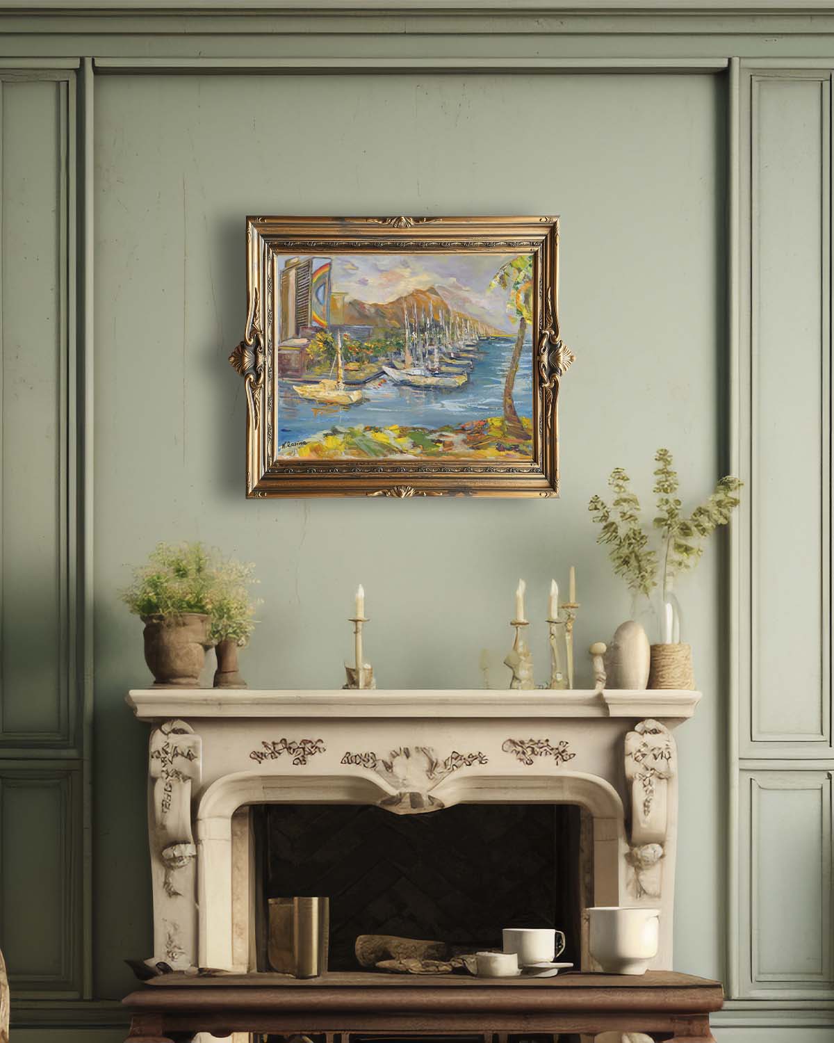 Waikiki & Diamond Head Volcano from Ala Wai Boat Harbor - Oil Painting 20" x 16" - Honolulu - Oahu - Hawaii