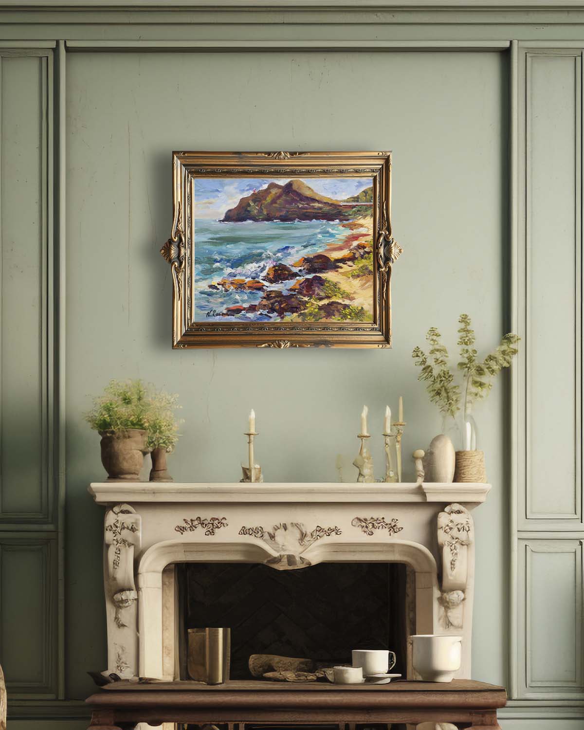 Makapuu Lighthouse & Cliff from the Beach Park - Oil Painting 20" x 16" - Honolulu Windward - Oahu - Hawaii