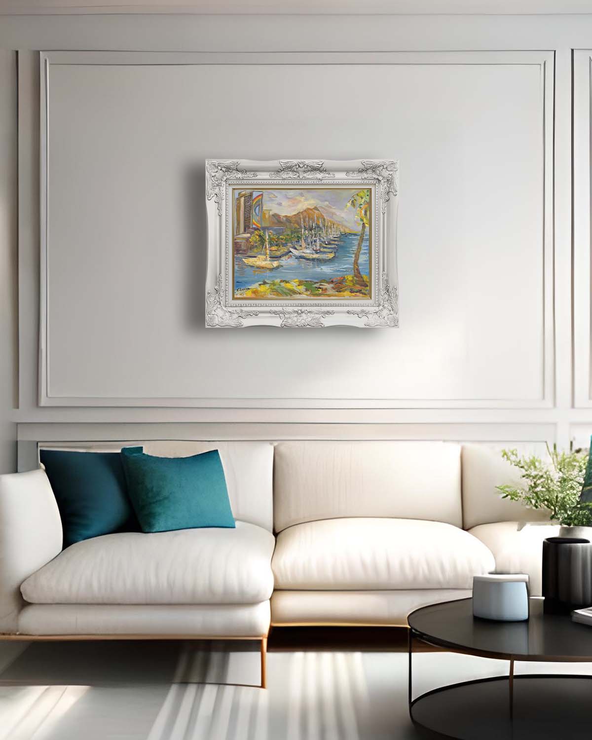 Waikiki & Diamond Head Volcano from Ala Wai Boat Harbor - Oil Painting 20" x 16" - Honolulu - Oahu - Hawaii