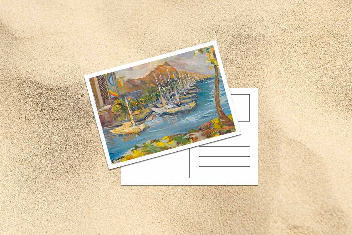 Waikiki & Diamond Head Volcano from Ala Wai Boat Harbor - Postcard 4" x 6" - Honolulu - Oahu - Hawaii