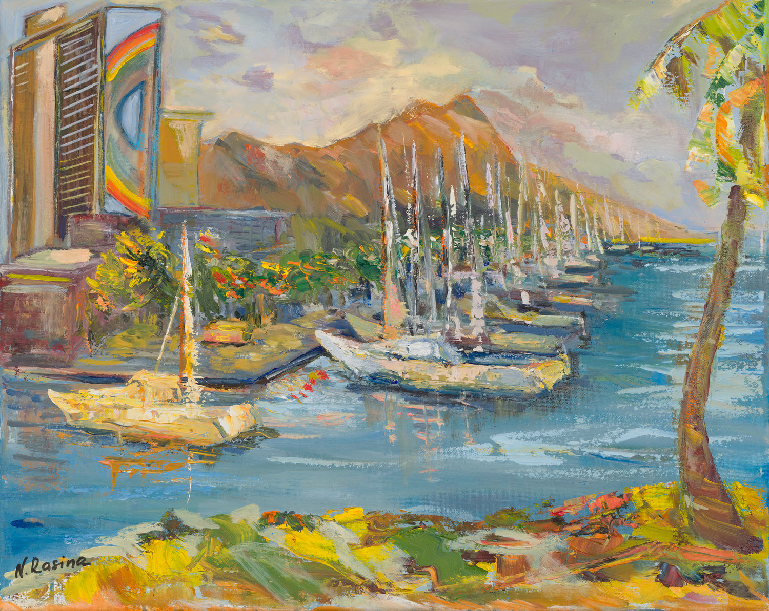 Waikiki & Diamond Head Volcano from Ala Wai Boat Harbor - Oil Painting 20" x 16" - Honolulu - Oahu - Hawaii