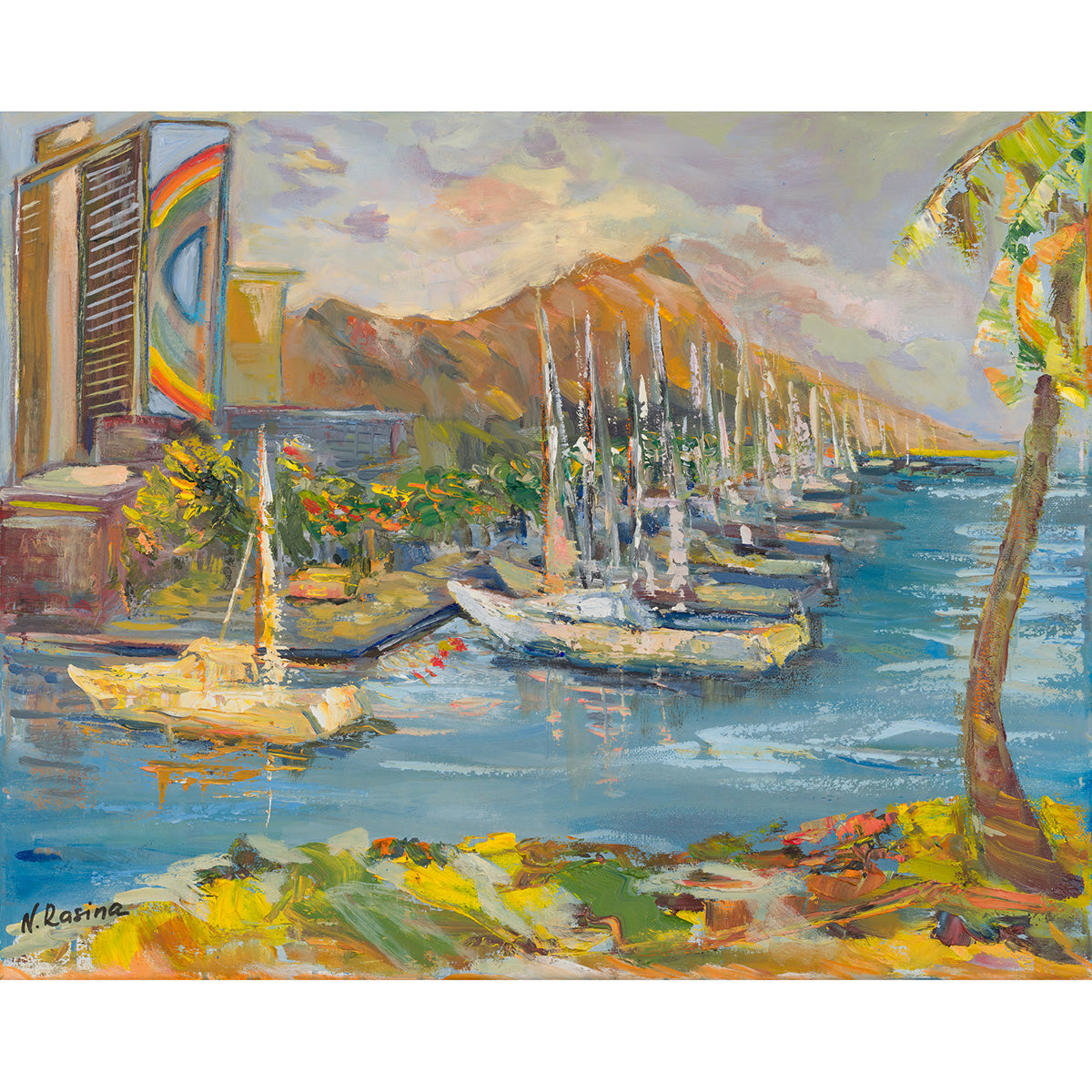 Waikiki & Diamond Head Volcano from Ala Wai Boat Harbor - Oil Painting 20" x 16" - Honolulu - Oahu - Hawaii
