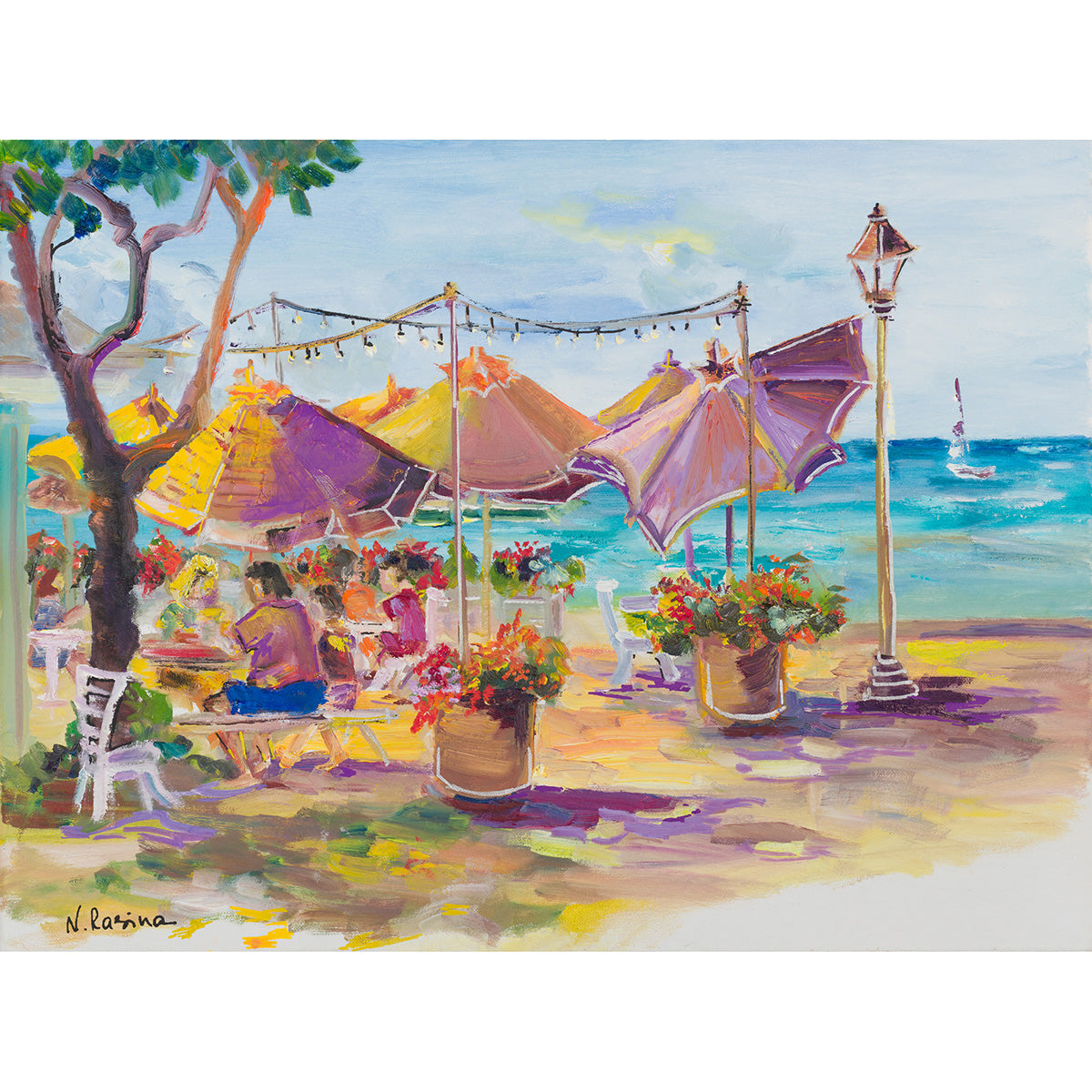 Umbrellas At Barefoot Beach Cafe - Oil Painting 24" x 18" - Honolulu Waikiki - Oahu - Hawaii