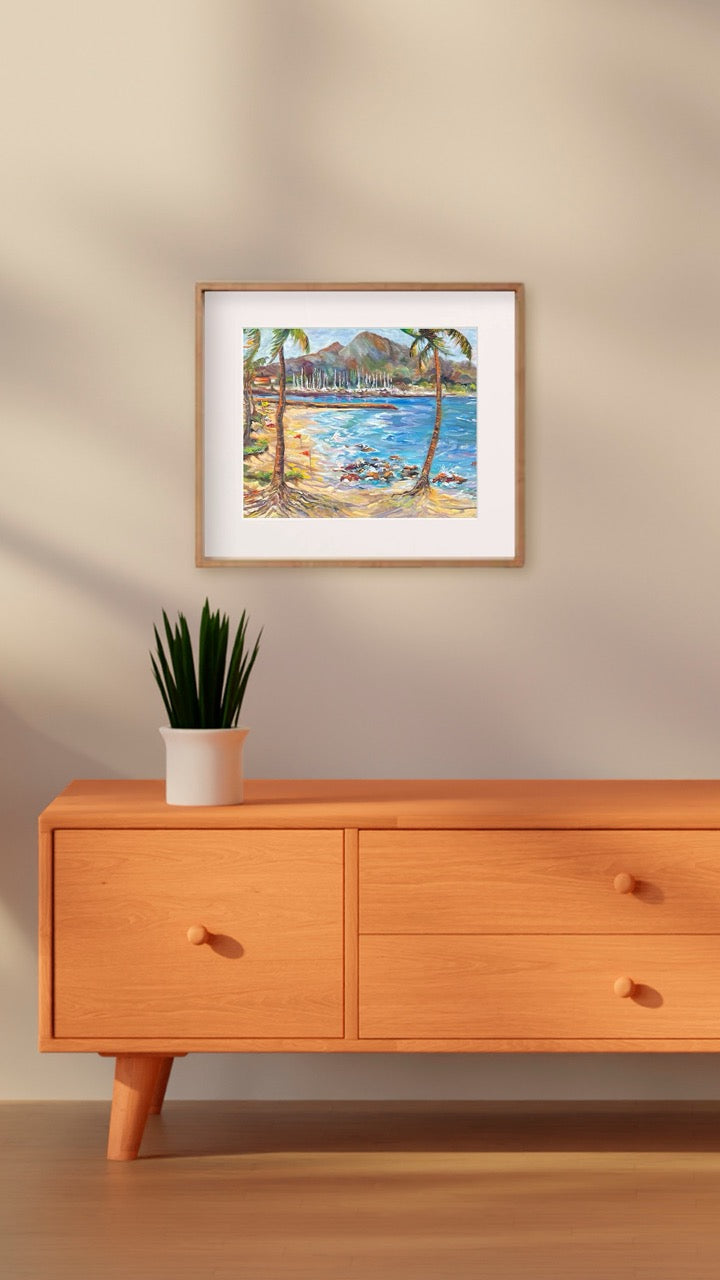 Hawaiian Poster - Haleiwa Beach Park view on Harbor & Alii Beach - Print 11” x 14” - North Shore - Oahu - Hawaii