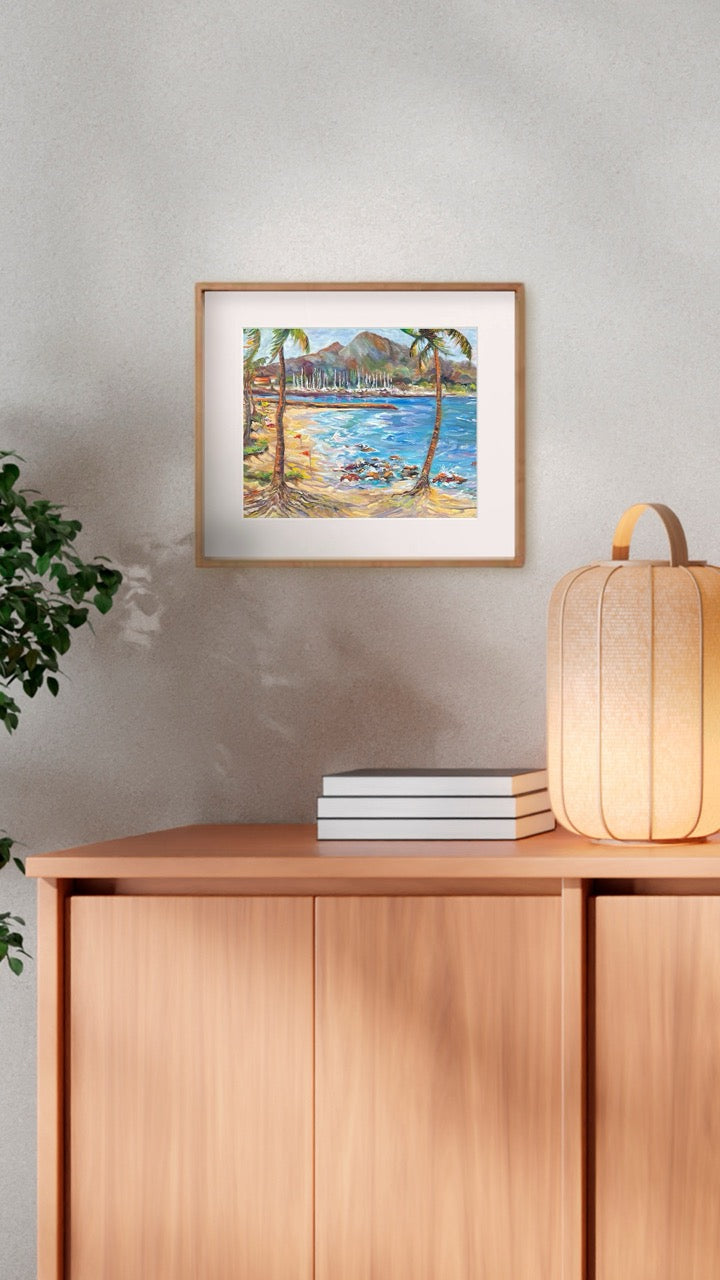 Hawaiian Poster - Haleiwa Beach Park view on Harbor & Alii Beach - Print 11” x 14” - North Shore - Oahu - Hawaii