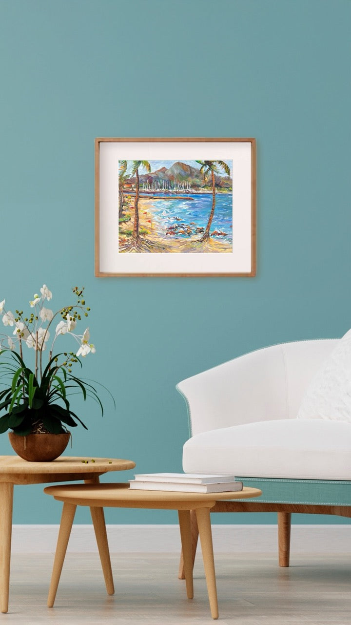 Hawaiian Poster - Haleiwa Beach Park view on Harbor & Alii Beach - Print 11” x 14” - North Shore - Oahu - Hawaii