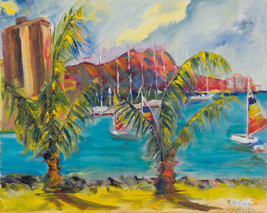 Hawaiian Harbor Scene with Palm Trees and Sailboats