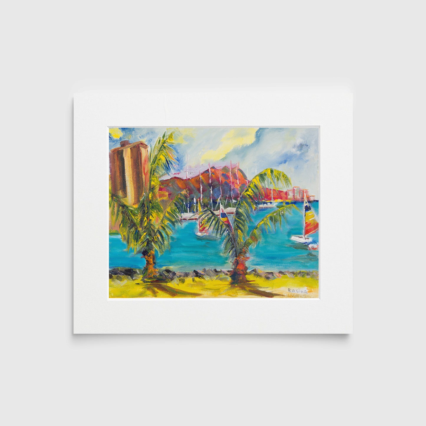 Hawaiian Harbor Scene with Palm Trees and Sailboats