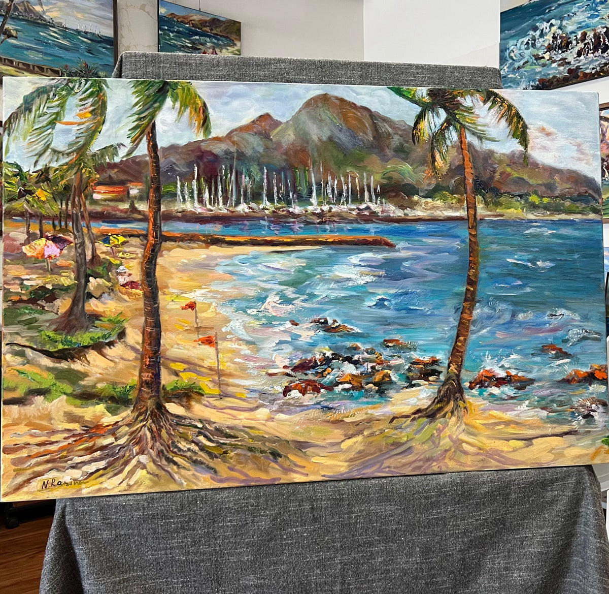 Haleiwa Beach Park view on Harbor & Alii Beach - Oil Painting 36" x 24" - North Shore - Oahu - Hawaii