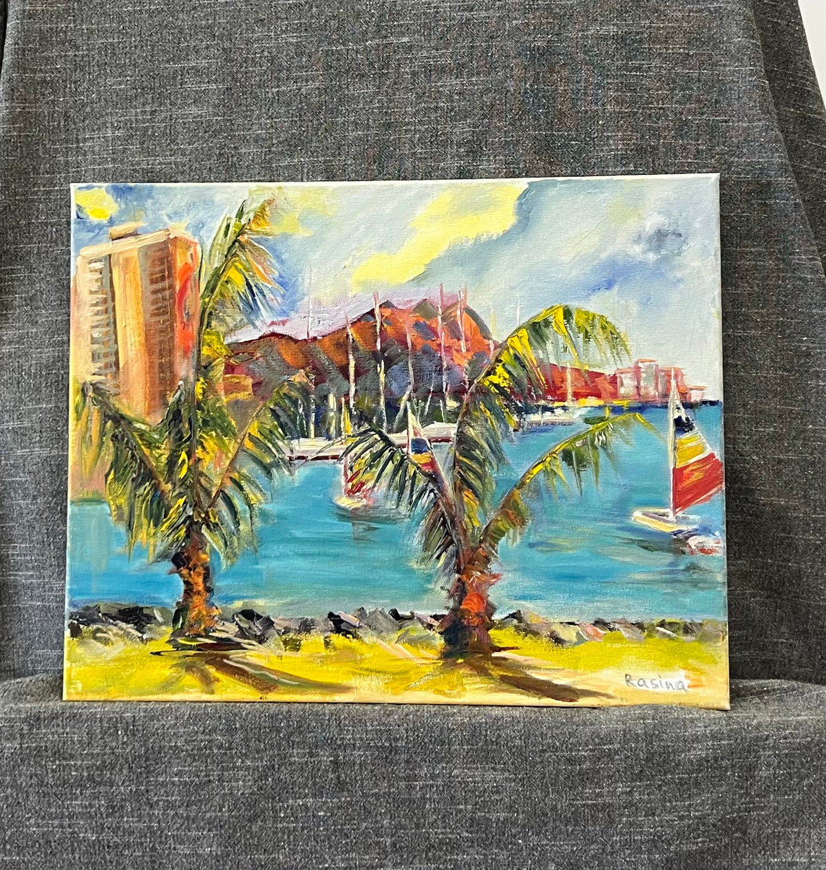 Hawaiian Harbor Scene with Palm Trees and Sailboats