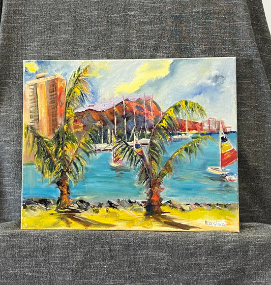 Hawaiian Harbor Scene with Palm Trees and Sailboats