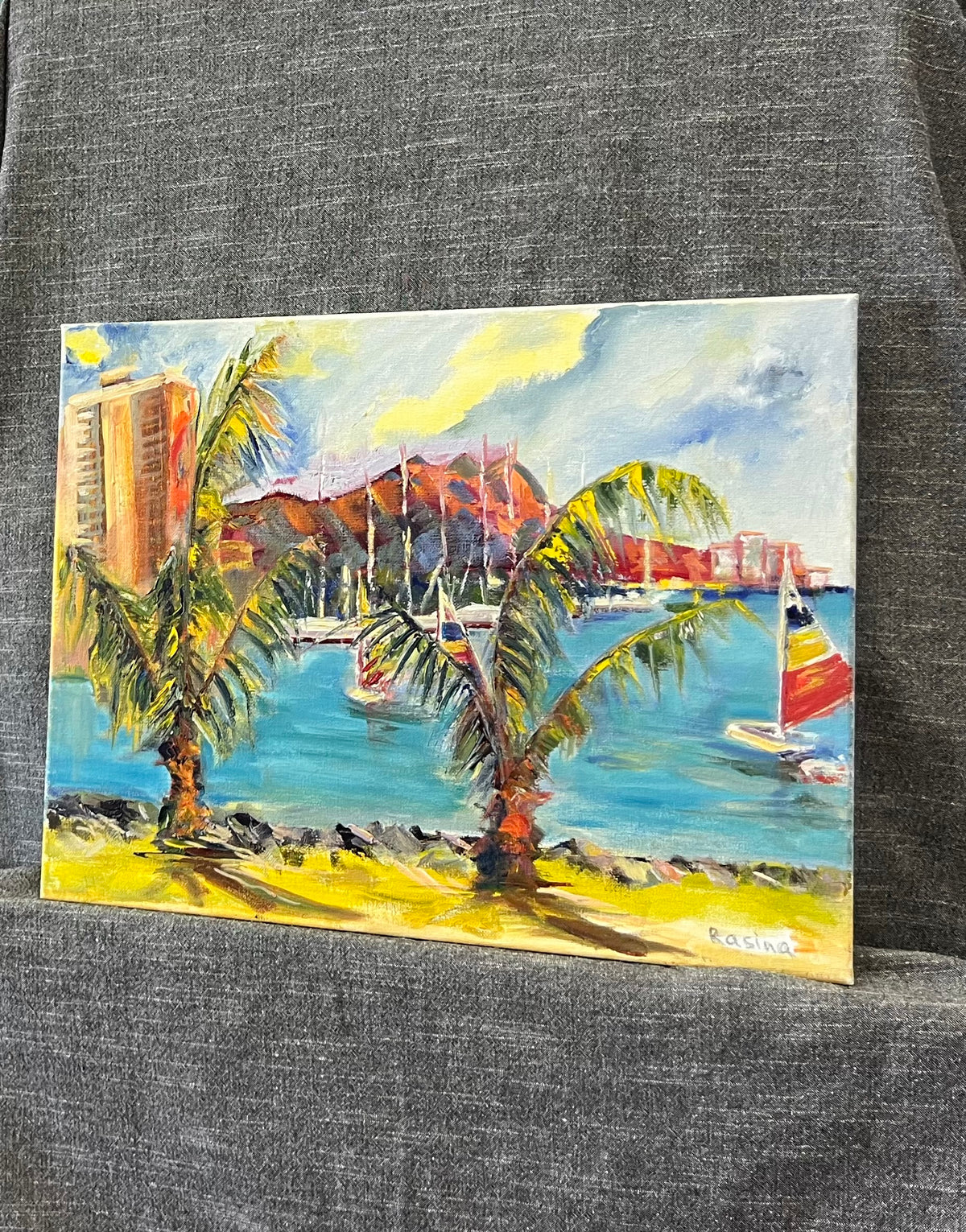 Hawaiian Harbor Scene with Palm Trees and Sailboats