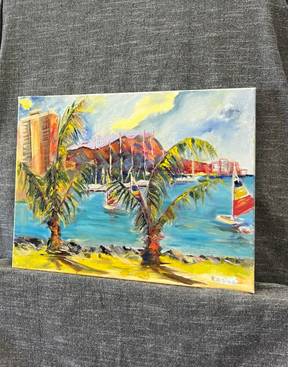 Hawaiian Harbor Scene with Palm Trees and Sailboats