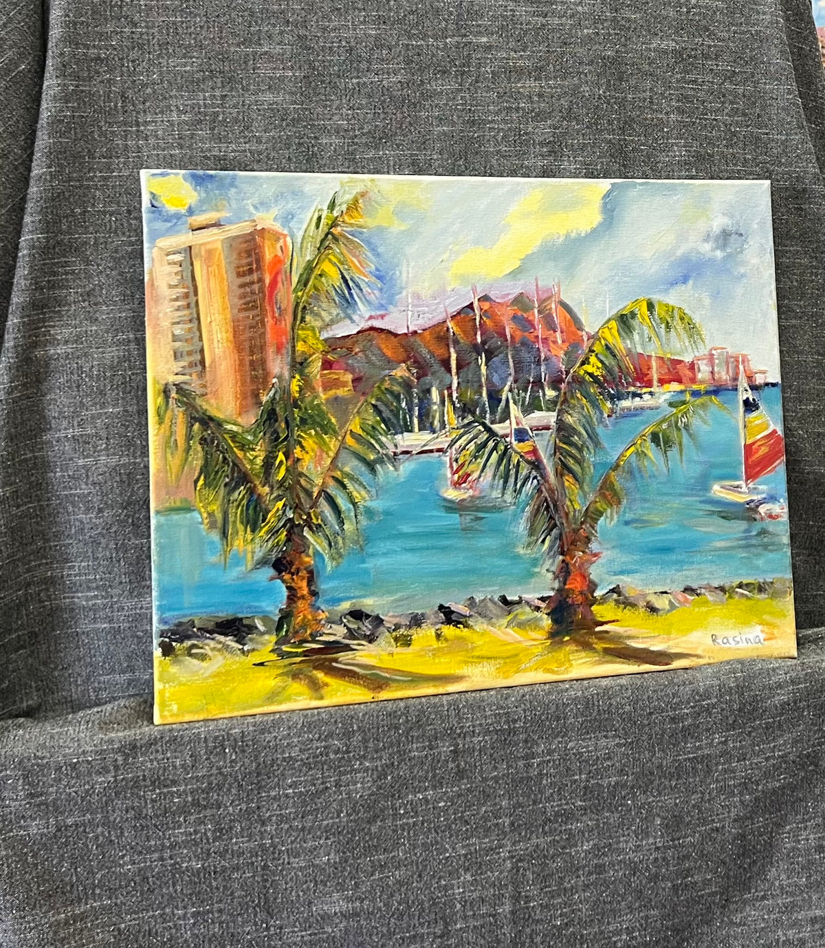 Hawaiian Harbor Scene with Palm Trees and Sailboats