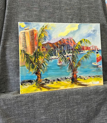 Hawaiian Harbor Scene with Palm Trees and Sailboats
