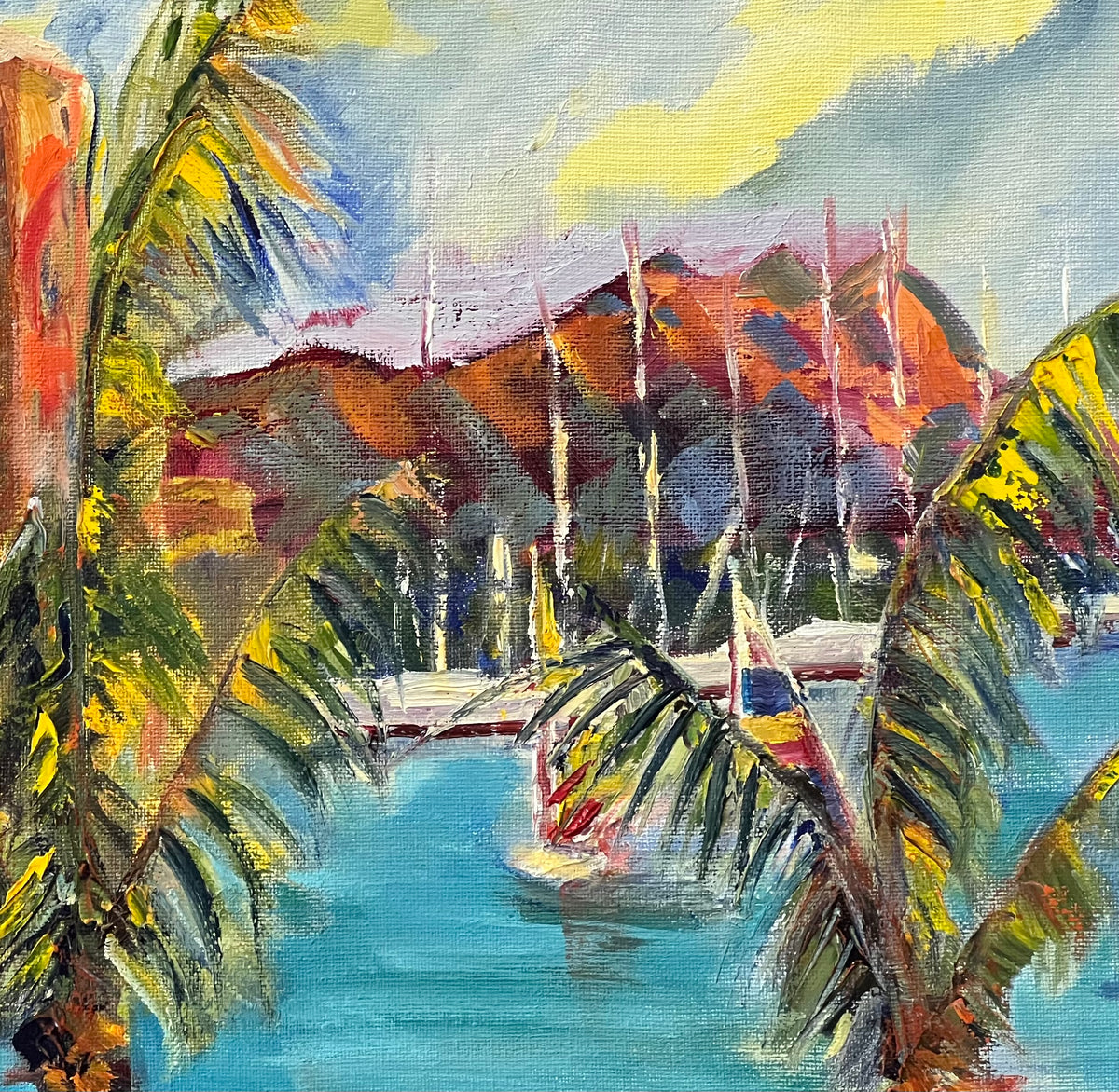 Hawaiian Harbor Scene with Palm Trees and Sailboats