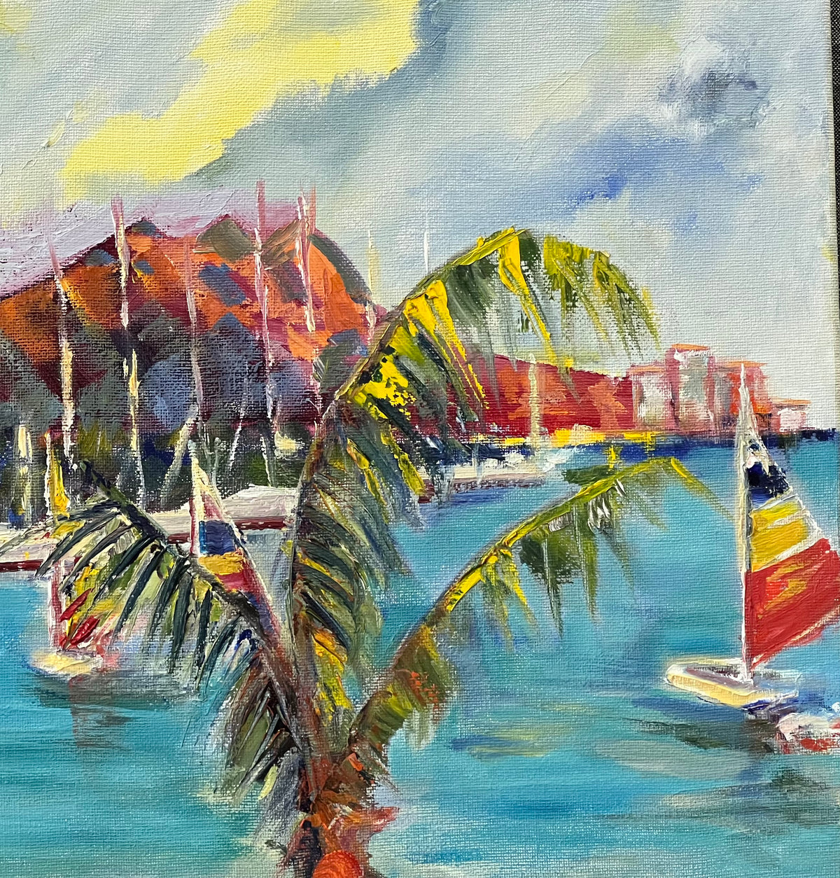 Hawaiian Harbor Scene with Palm Trees and Sailboats