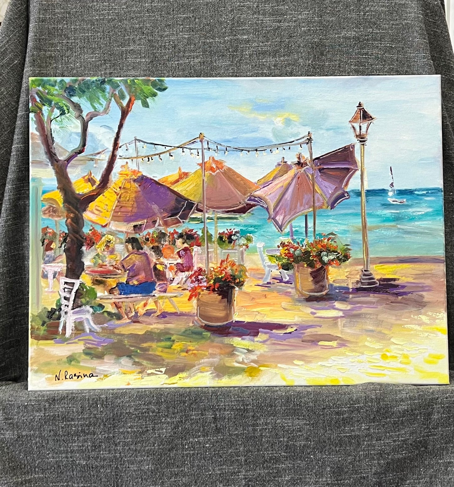 Umbrellas At Barefoot Beach Cafe - Oil Painting 24" x 18" - Honolulu Waikiki - Oahu - Hawaii