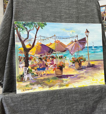 Umbrellas At Barefoot Beach Cafe - Oil Painting 24" x 18" - Honolulu Waikiki - Oahu - Hawaii